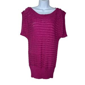 2b Bebe Tunic Top Medium Pink Open Knit Button Scoop Ribbed Hem Striped Y2K